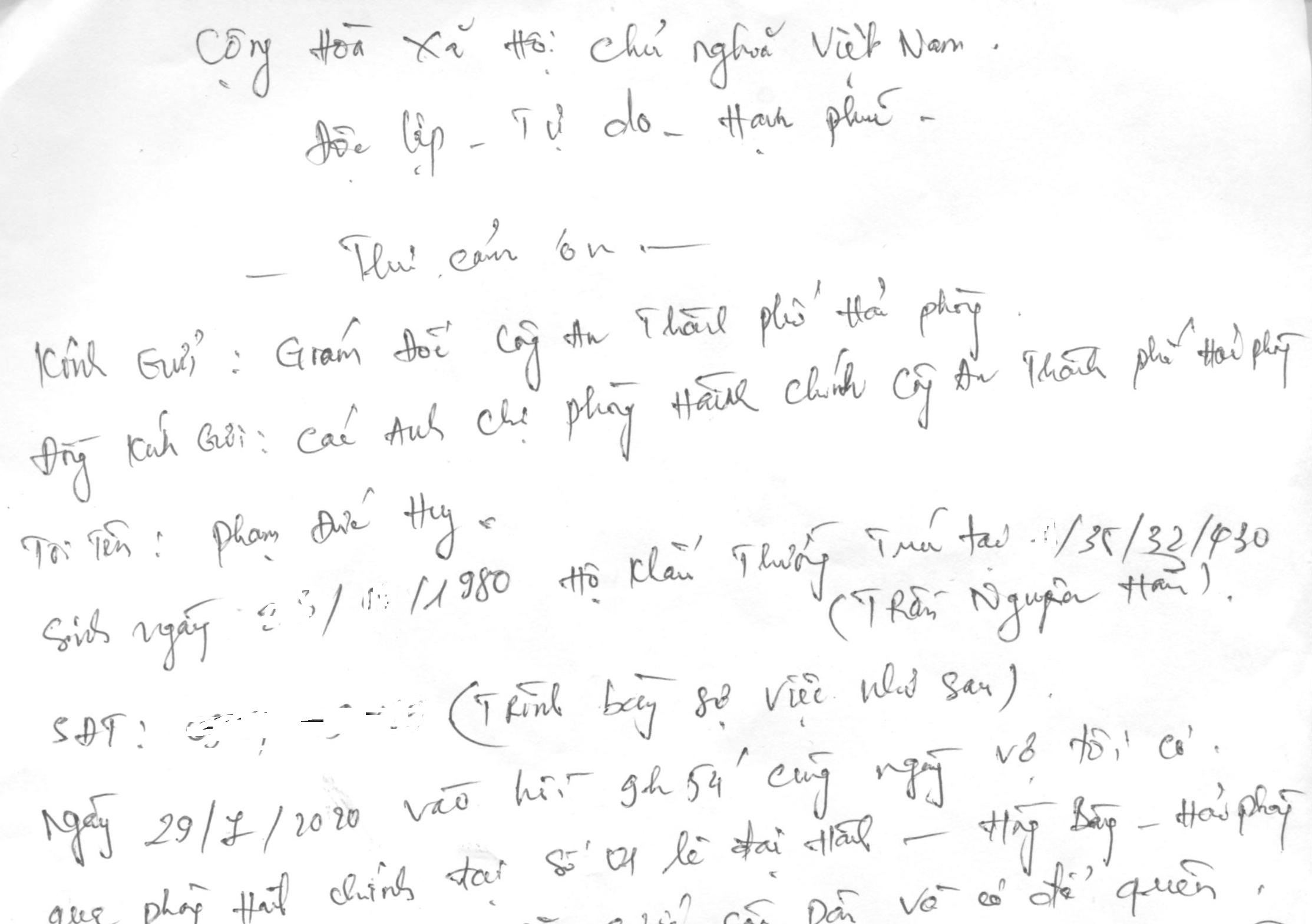 Anh Phạm Đức Huy gửi thư cảm ơn CATP và Phòng Quản lý hành chính về trật tự xã hội CATP Hải Phòng